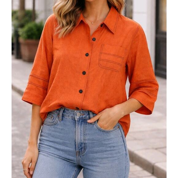 Selene Sport Tops - Selene Sport Linen Blend Button Up Orange Top Womens M Contrast Stitch| Relaxed